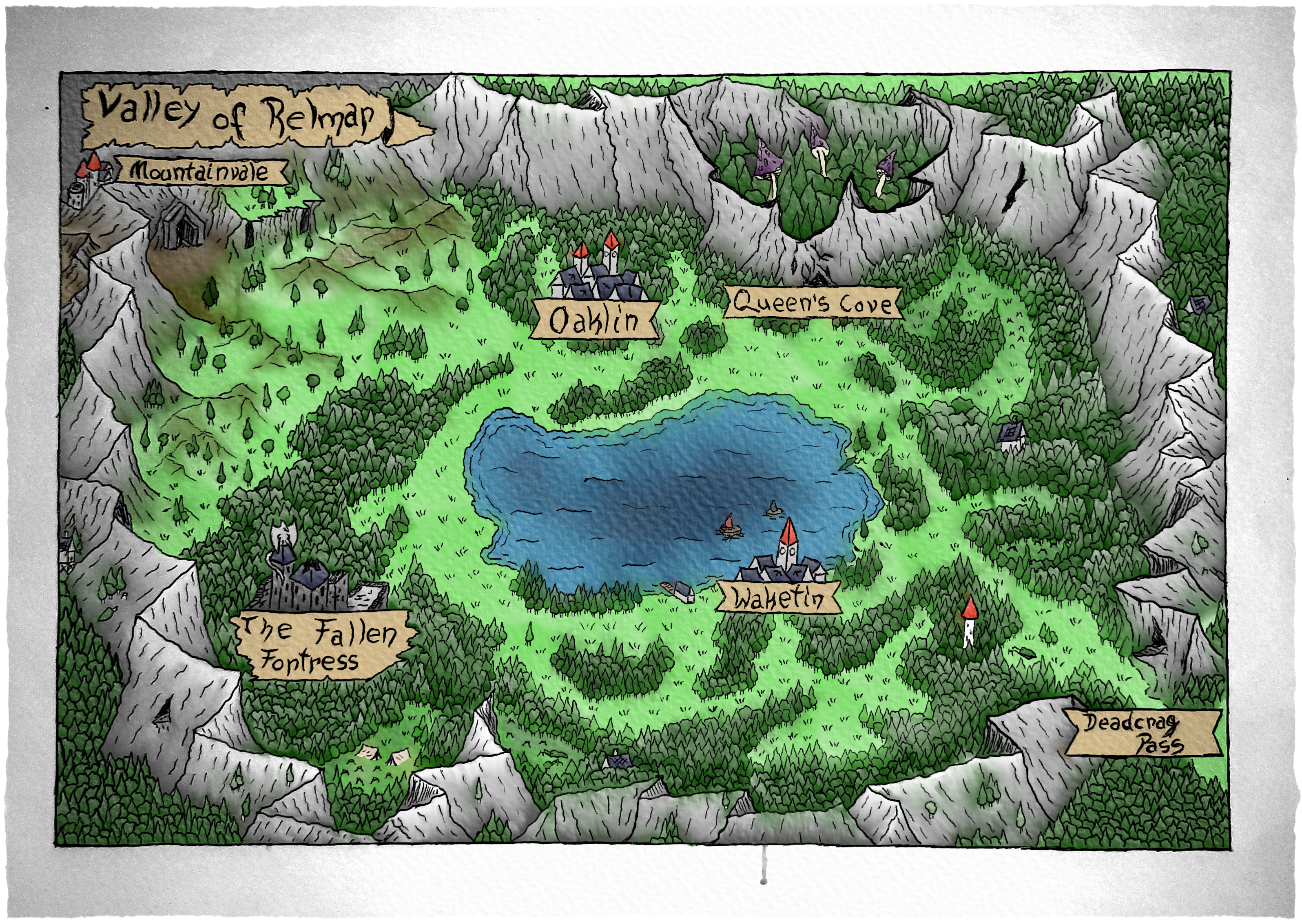 Valley of Relmar map - detailed coloured personal project